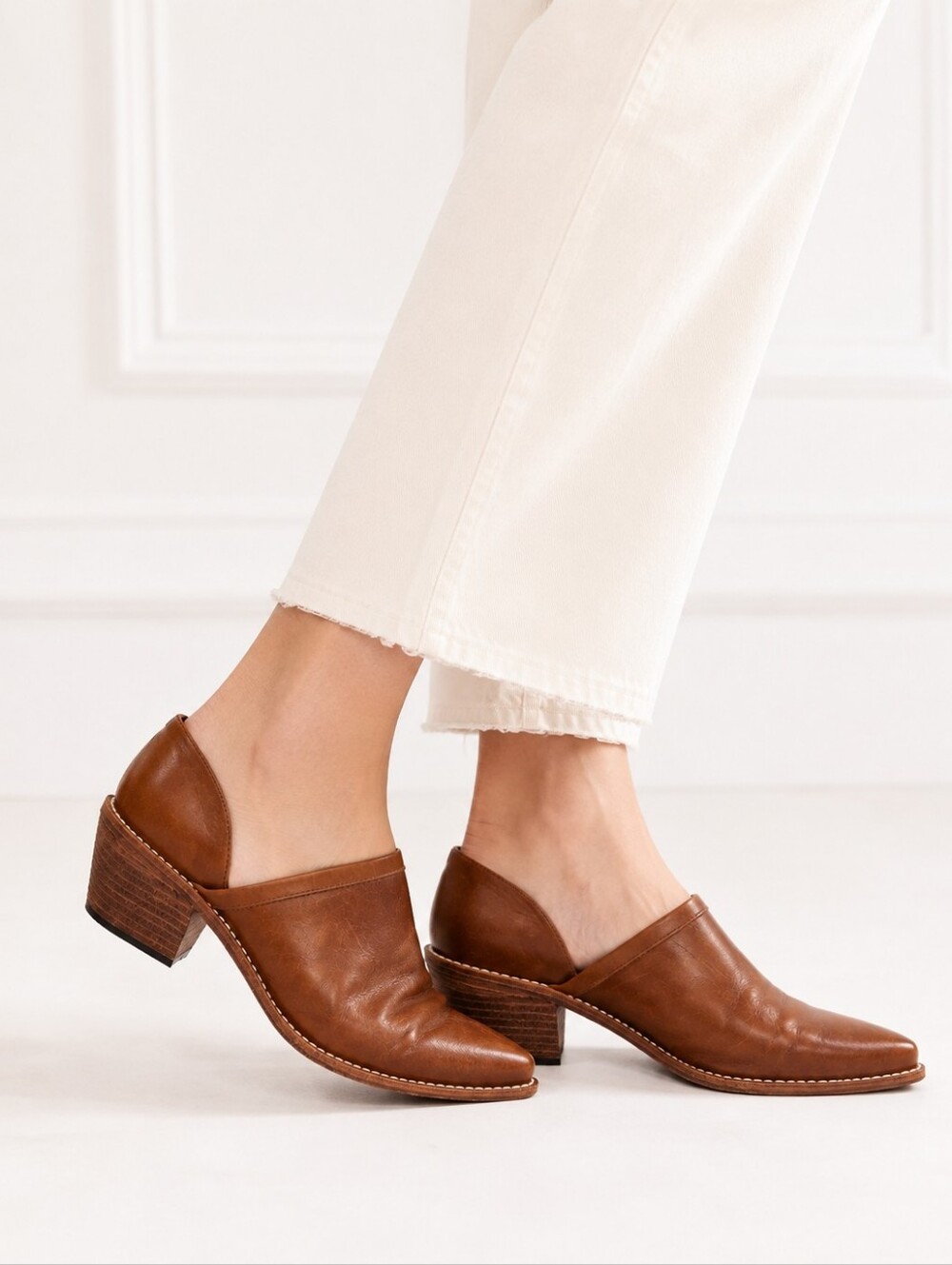 Madewell Brown Leather Cutout Ankle Shoes Block Heel Size 8